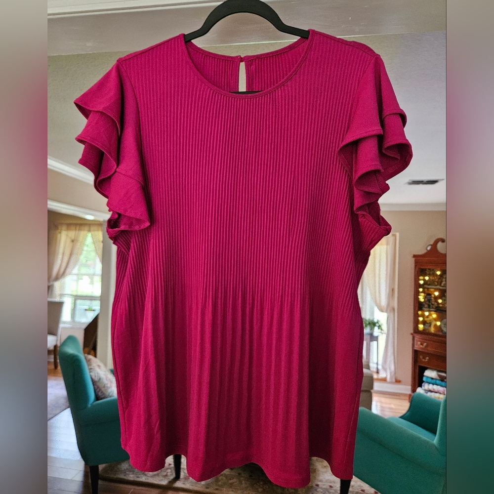 Adrianna Papell Solid Pleated Knit Top with Double Flutter Sleeves